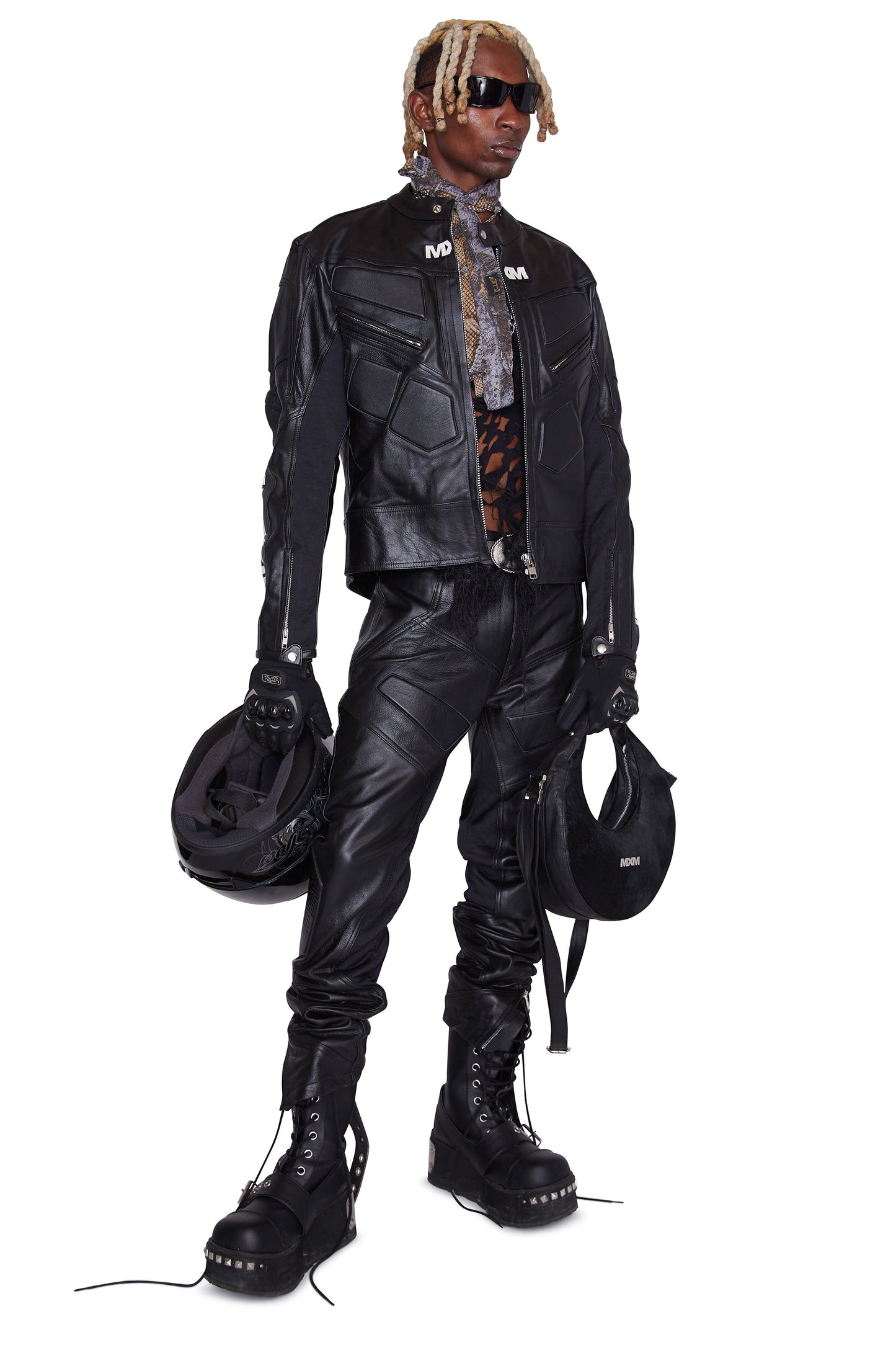 Chaqueta de cuero para motociclista (negra)